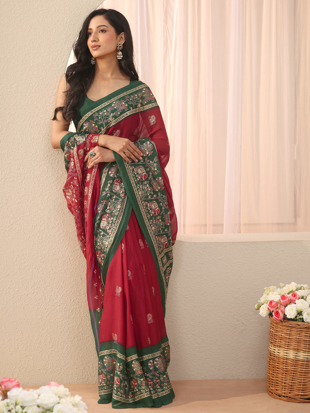  Red Ethnic Motif Printed Georgette Saree 