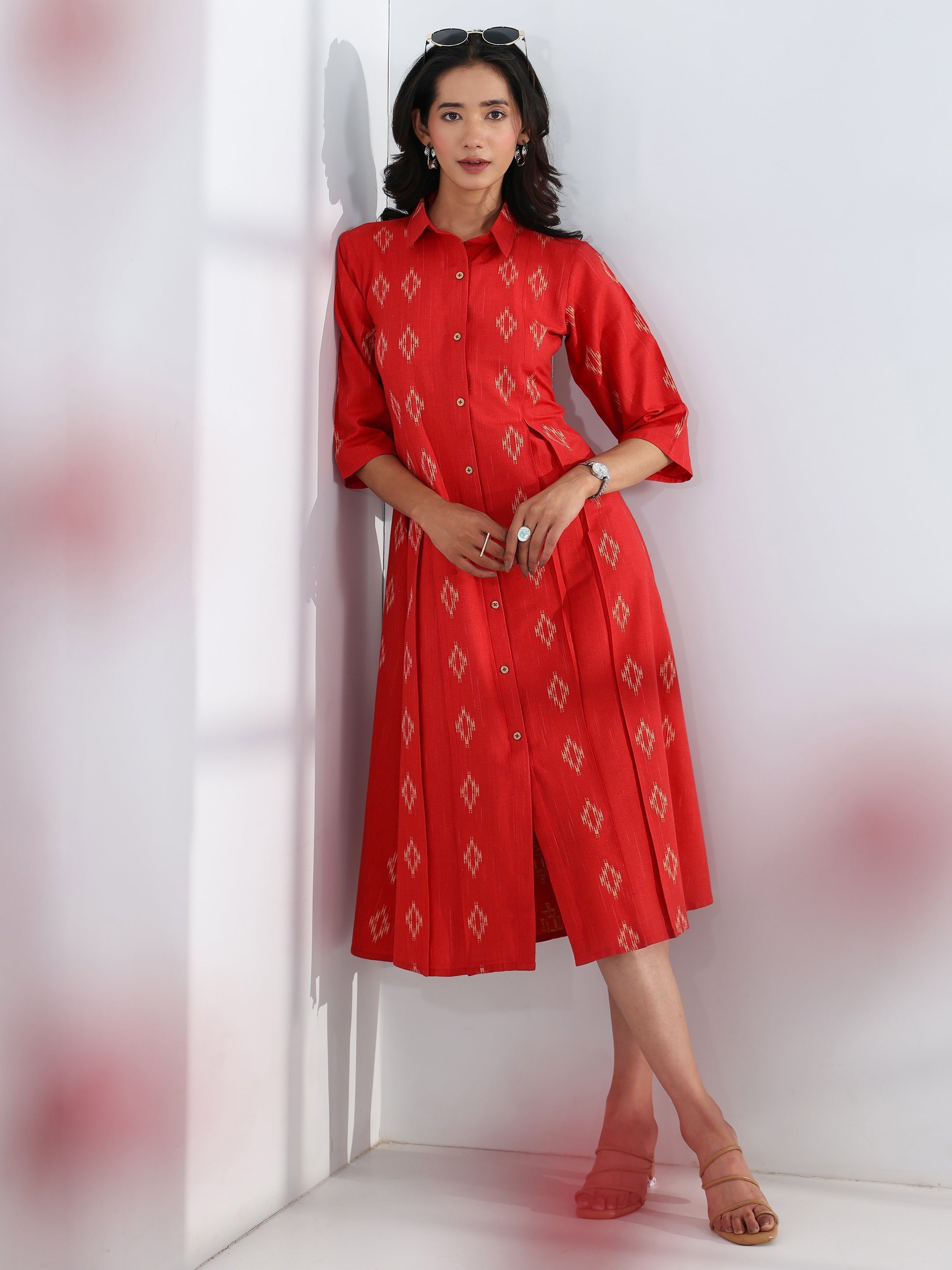 libas Red Ethnic Motif Woven Design Cotton Blend A-Line One Piece Dress-picture-56