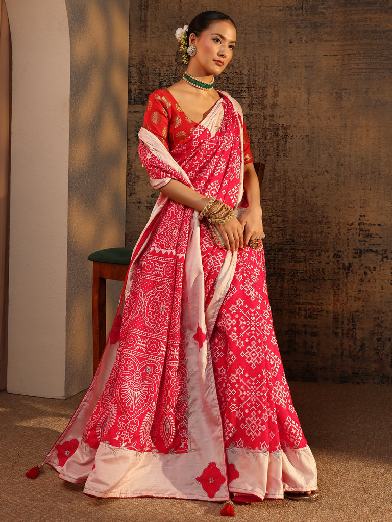 Libas Red Ethnic Motifs Printed Tissue Saree With Unstitched Blouse Piece