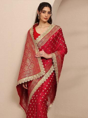 Libas Red Ethnic Motifs Woven Design Silk Blend Saree With Unstitched Blouse Piece
