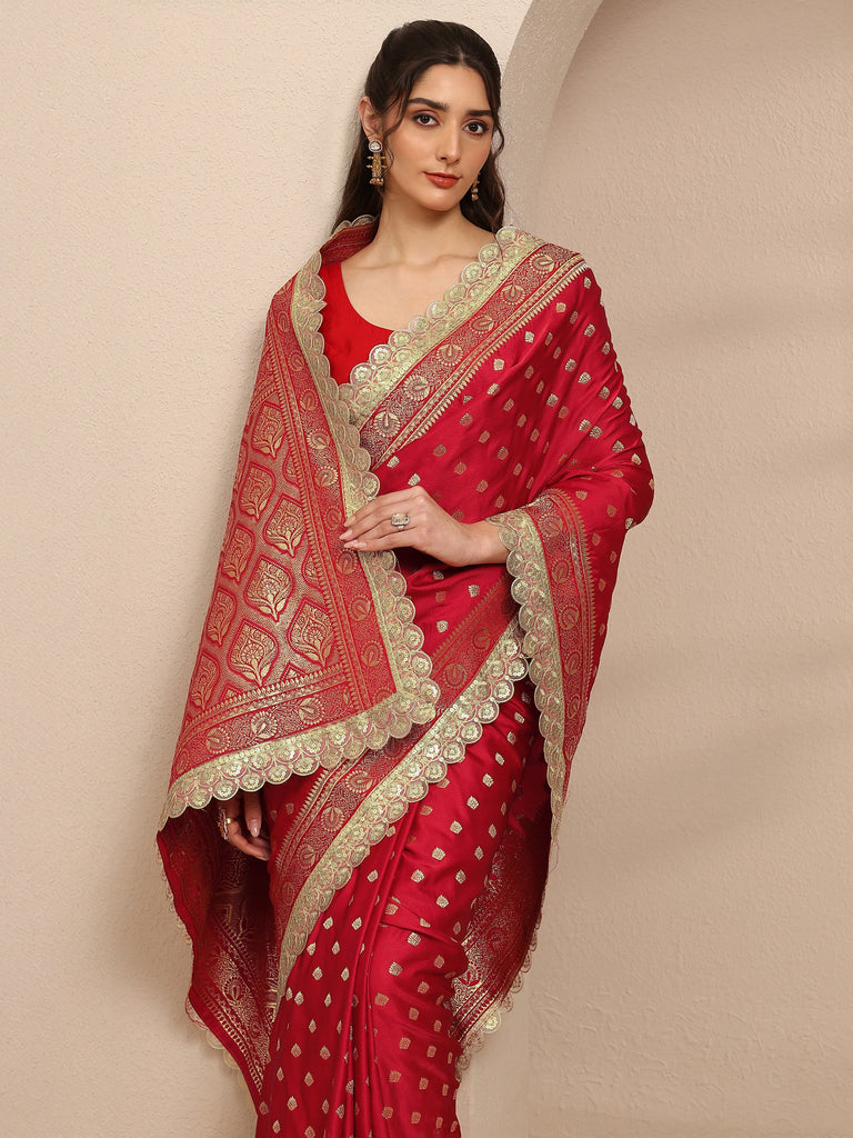 Libas Red Ethnic Motifs Woven Design Silk Blend Saree With Unstitched Blouse Piece