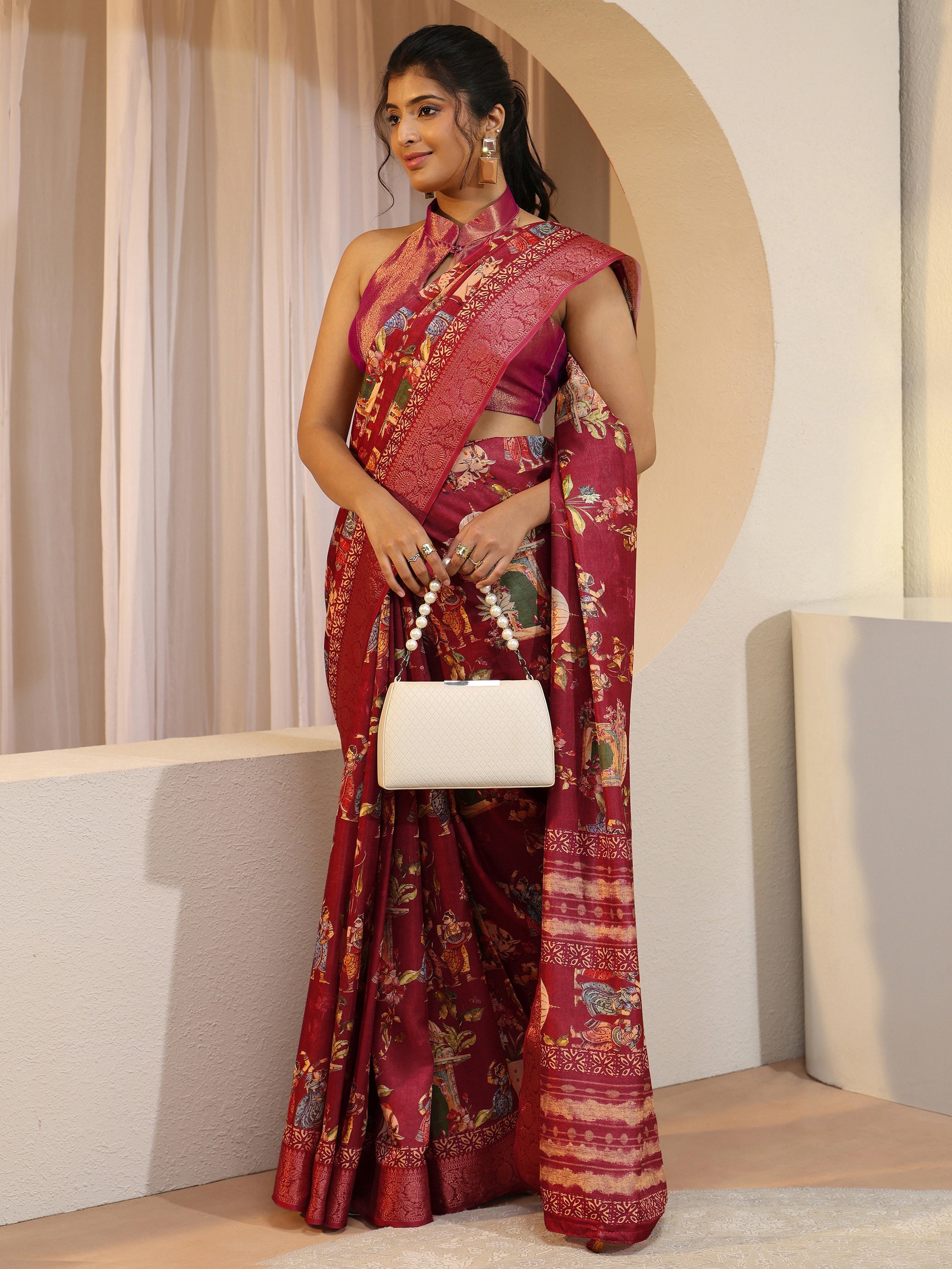libas Red Ethnic Print Silk Blend Saree-picture-25