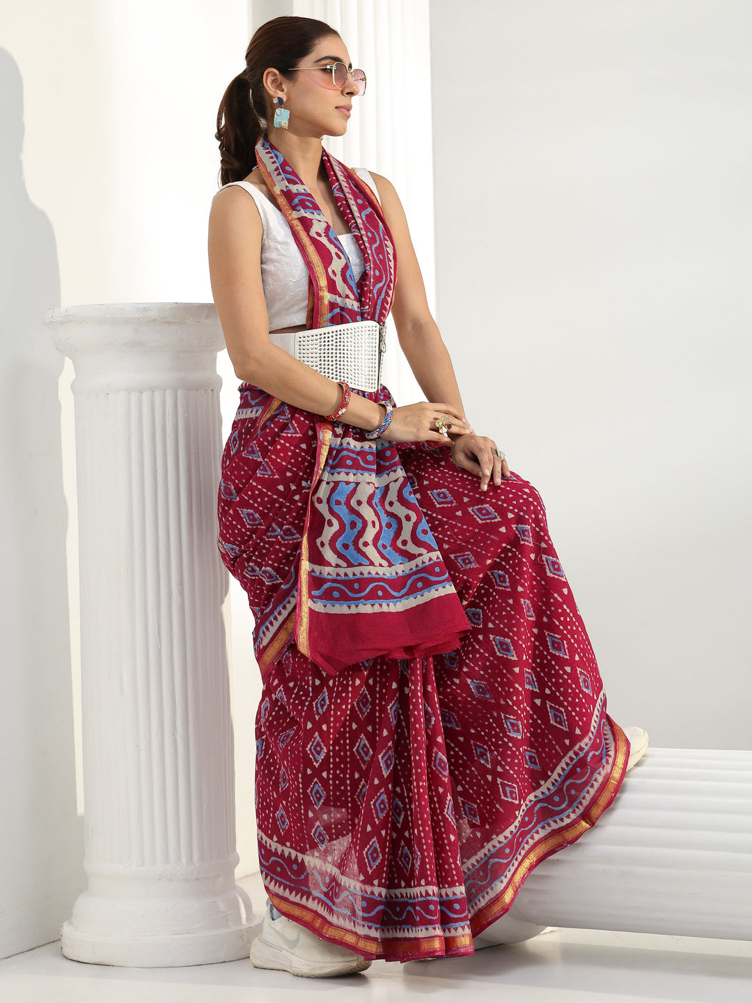  Red Ethnic Printed Cotton saree 