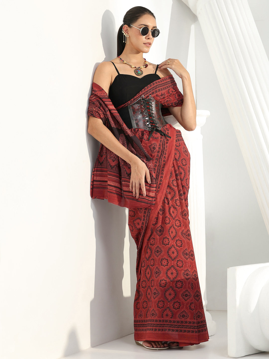  Red Ethnic Printed Cotton saree 