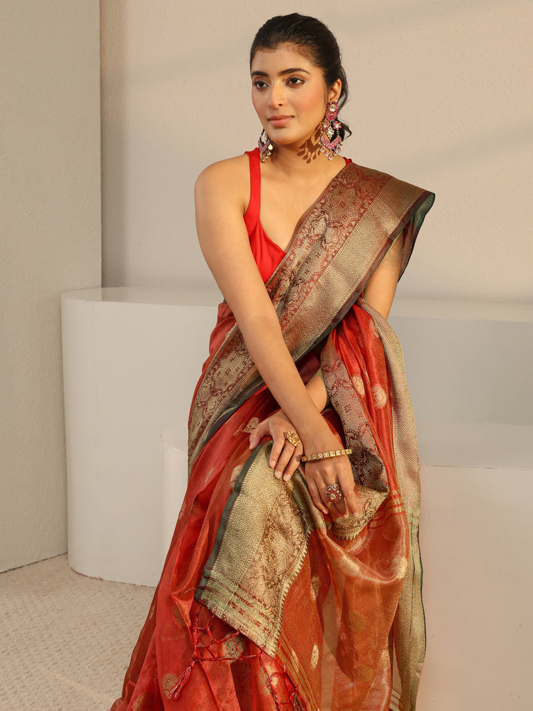 Libas Red Ethnic Woven Design Silk Blend Saree With Unstitched Blouse Piece