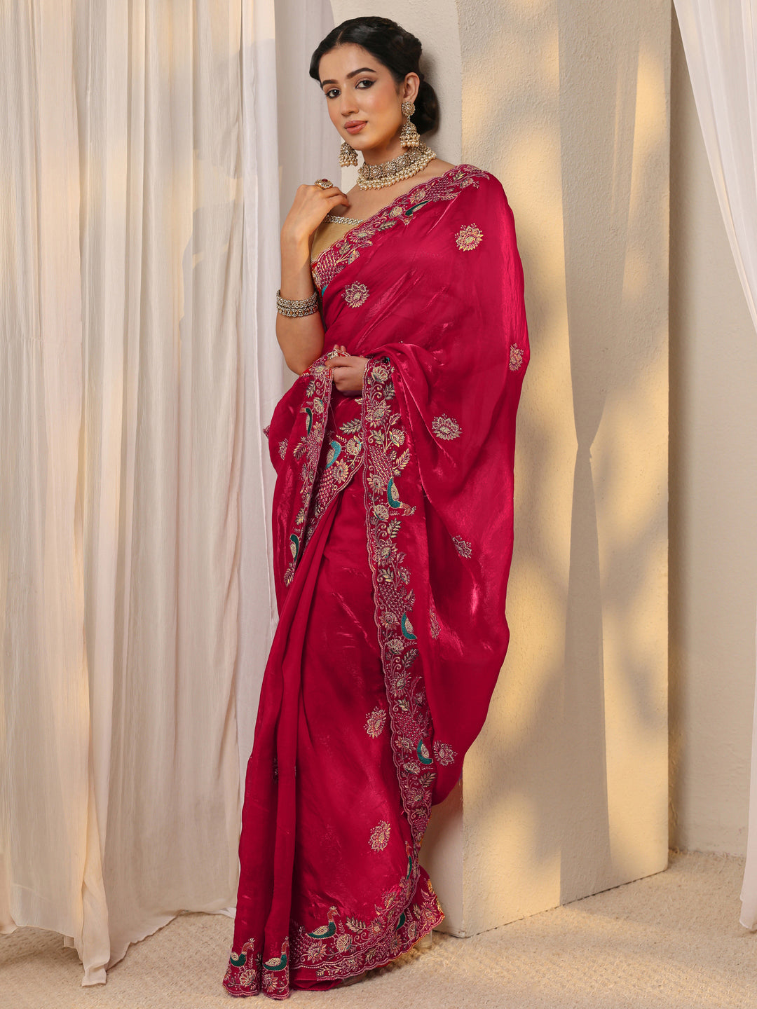 Red Floral Embellished Tissue Saree With Unstitched Blouse Piece