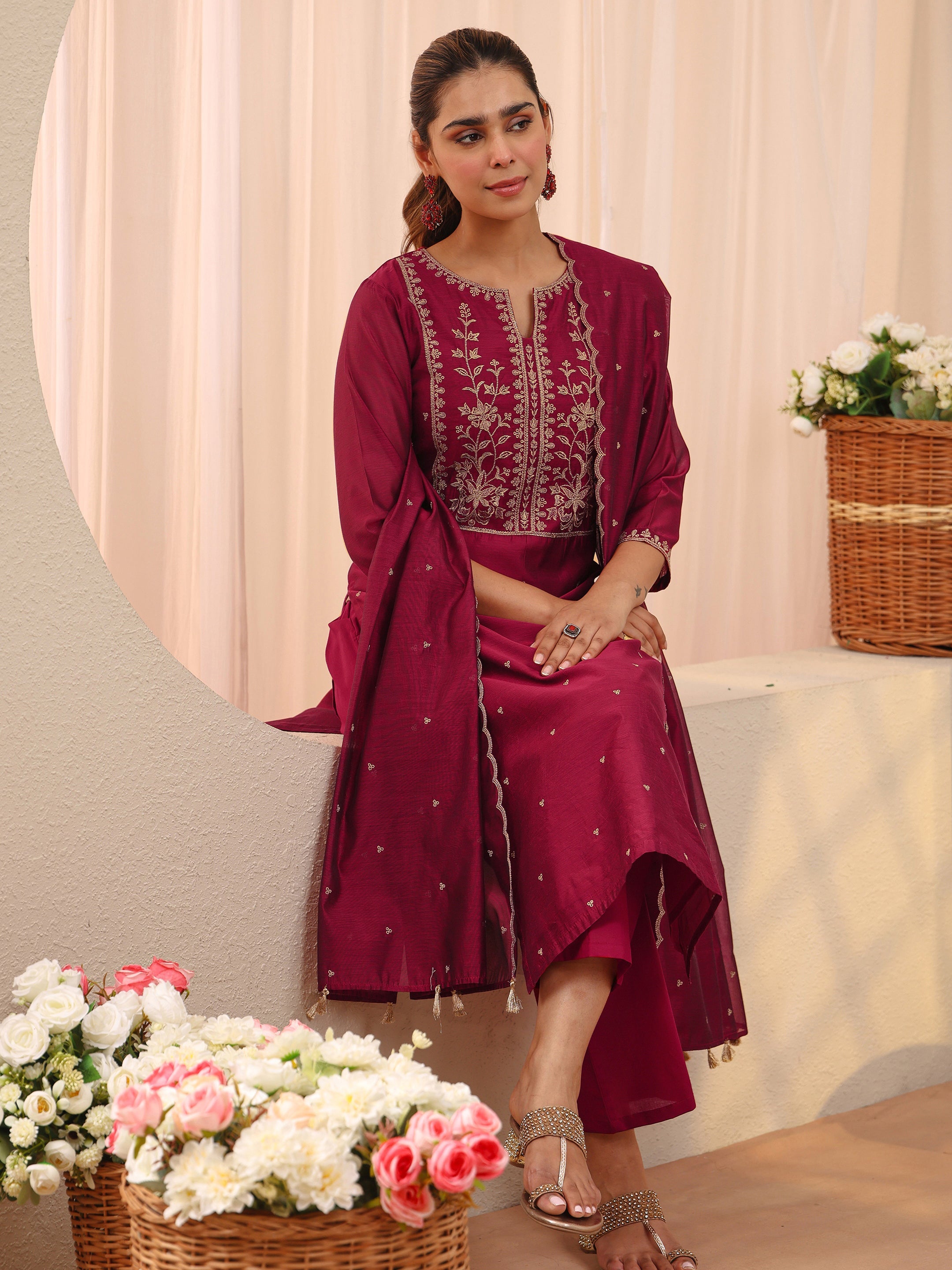 Libas Red Floral Embroidered Chanderi Silk Straight Suit Set-picture-62