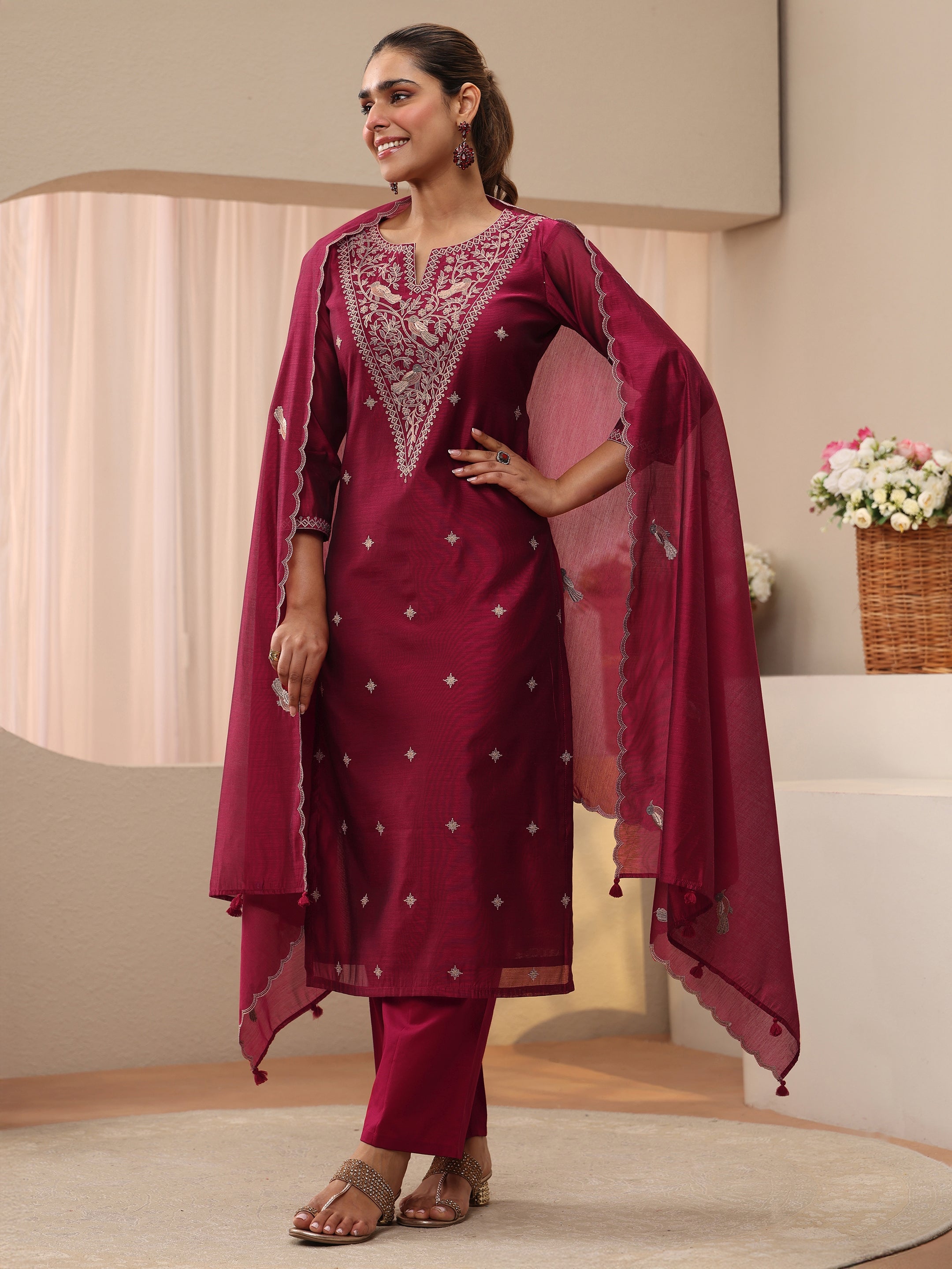 Libas Red Floral Embroidered Chanderi Silk Straight Suit Set-image-19