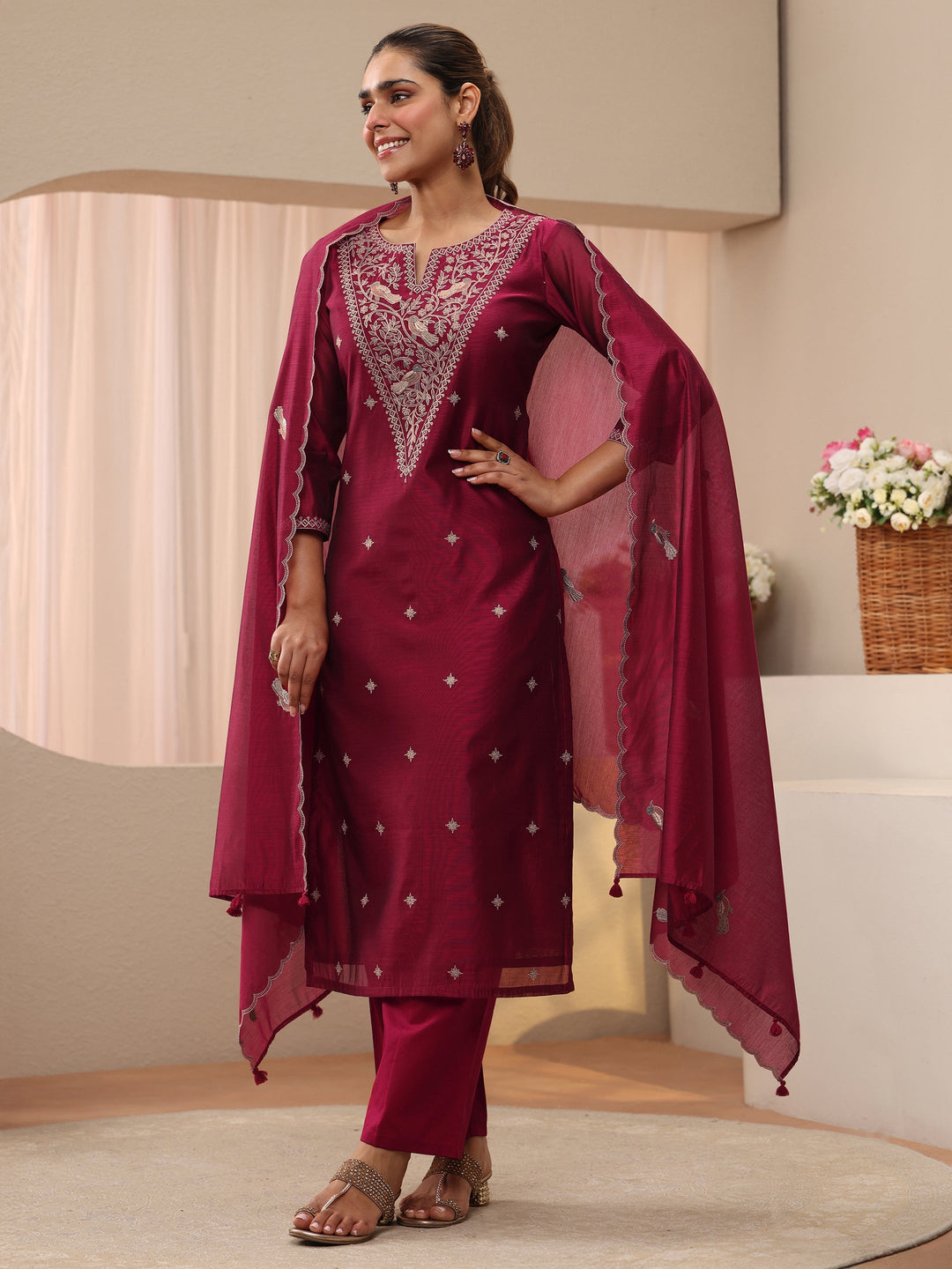  Red Floral Embroidered Chanderi Silk Straight Suit Set 