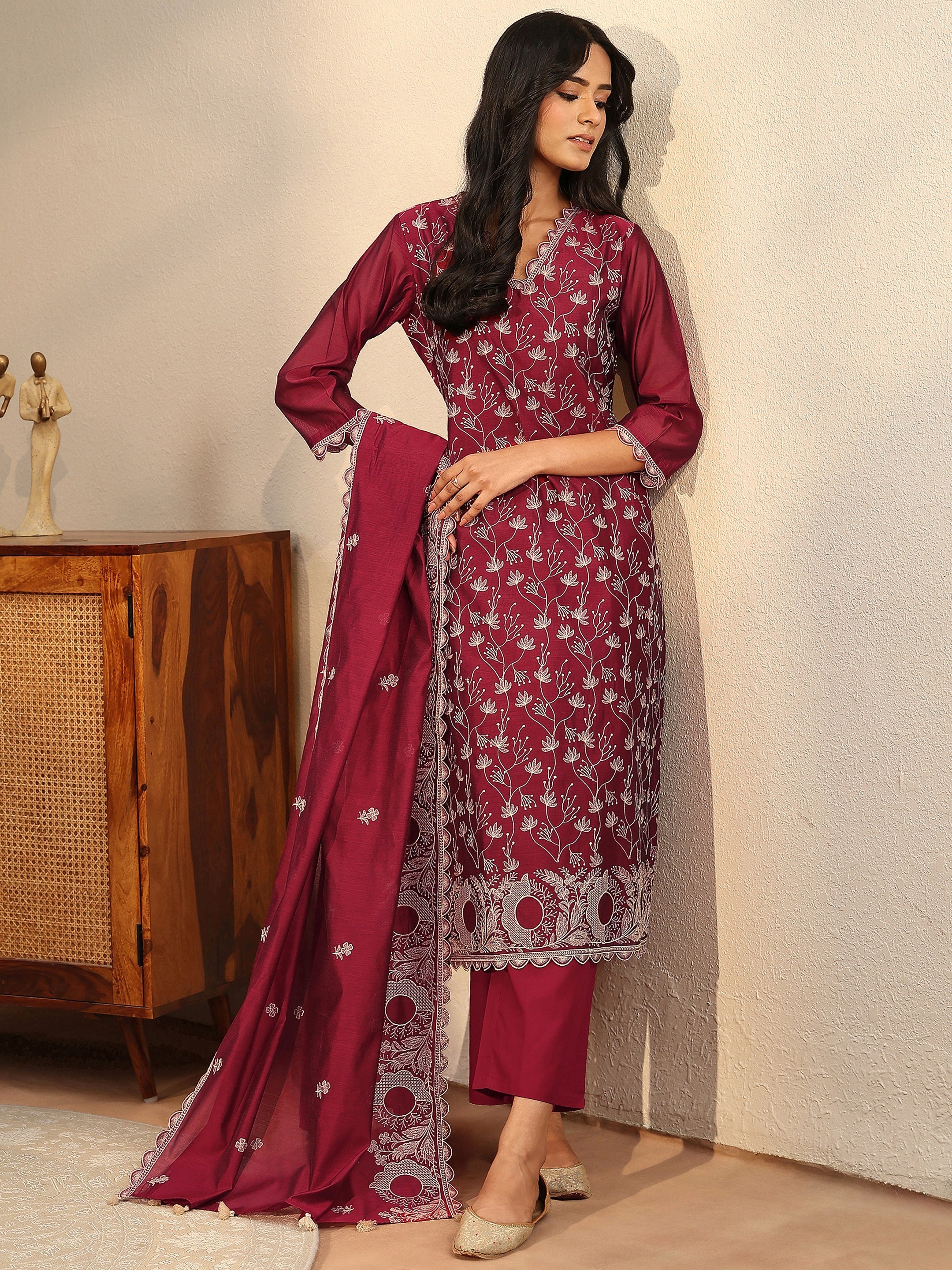 Libas Red Floral Embroidered Chanderi Silk Straight Suit Set-image-20
