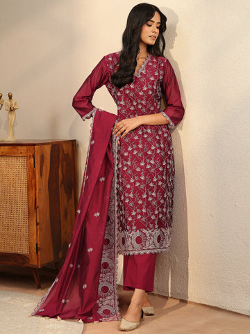 Libas Red Floral Embroidered Chanderi Silk Straight Suit Set