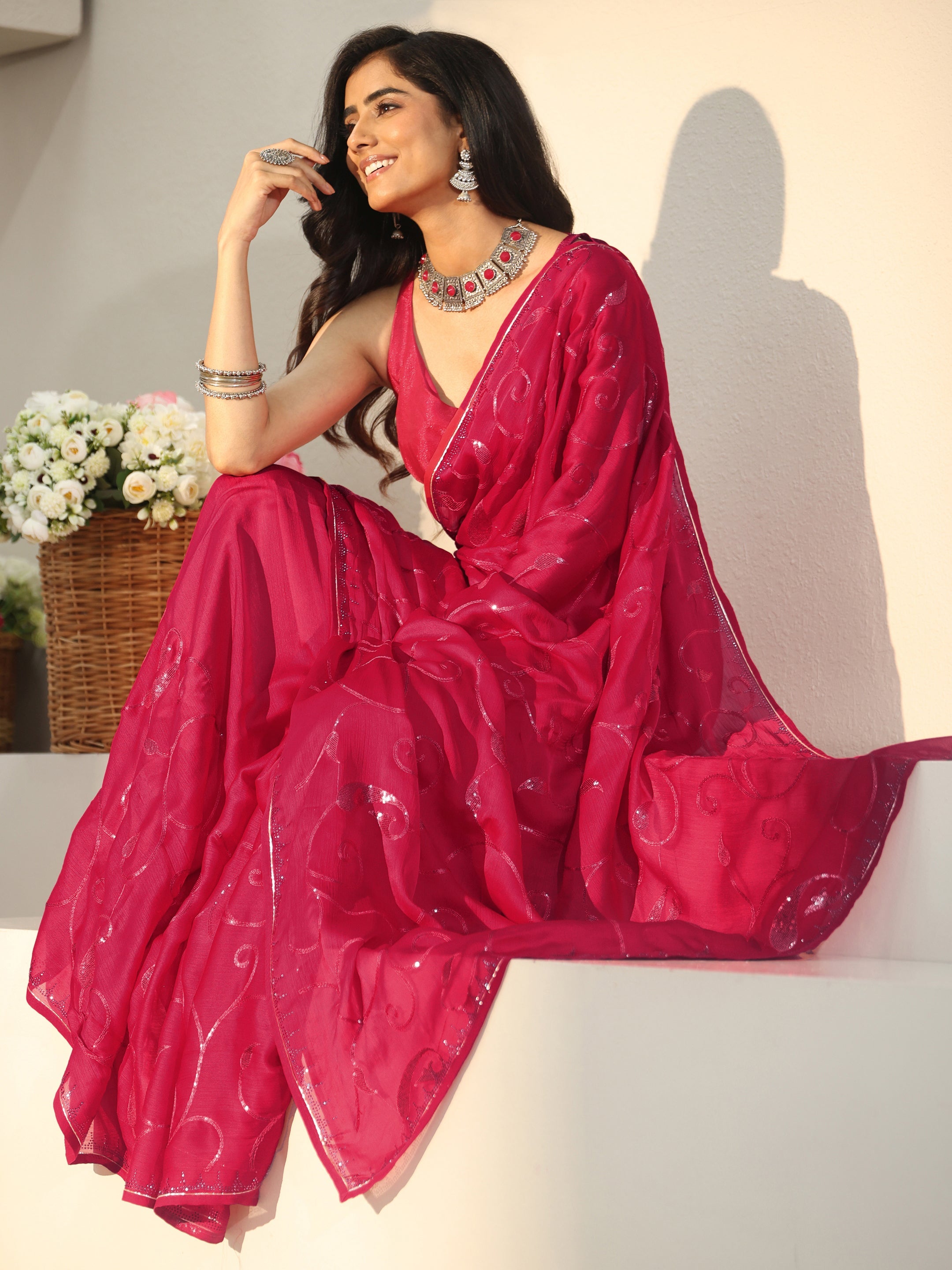 Red Floral Embroidered Chiffon Saree-image-47