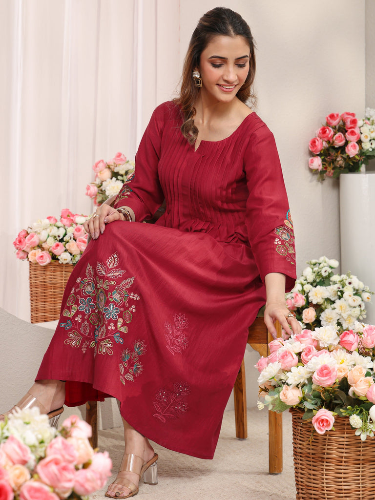 Libas Red Floral Embroidered Silk Blend A-Line Kurta