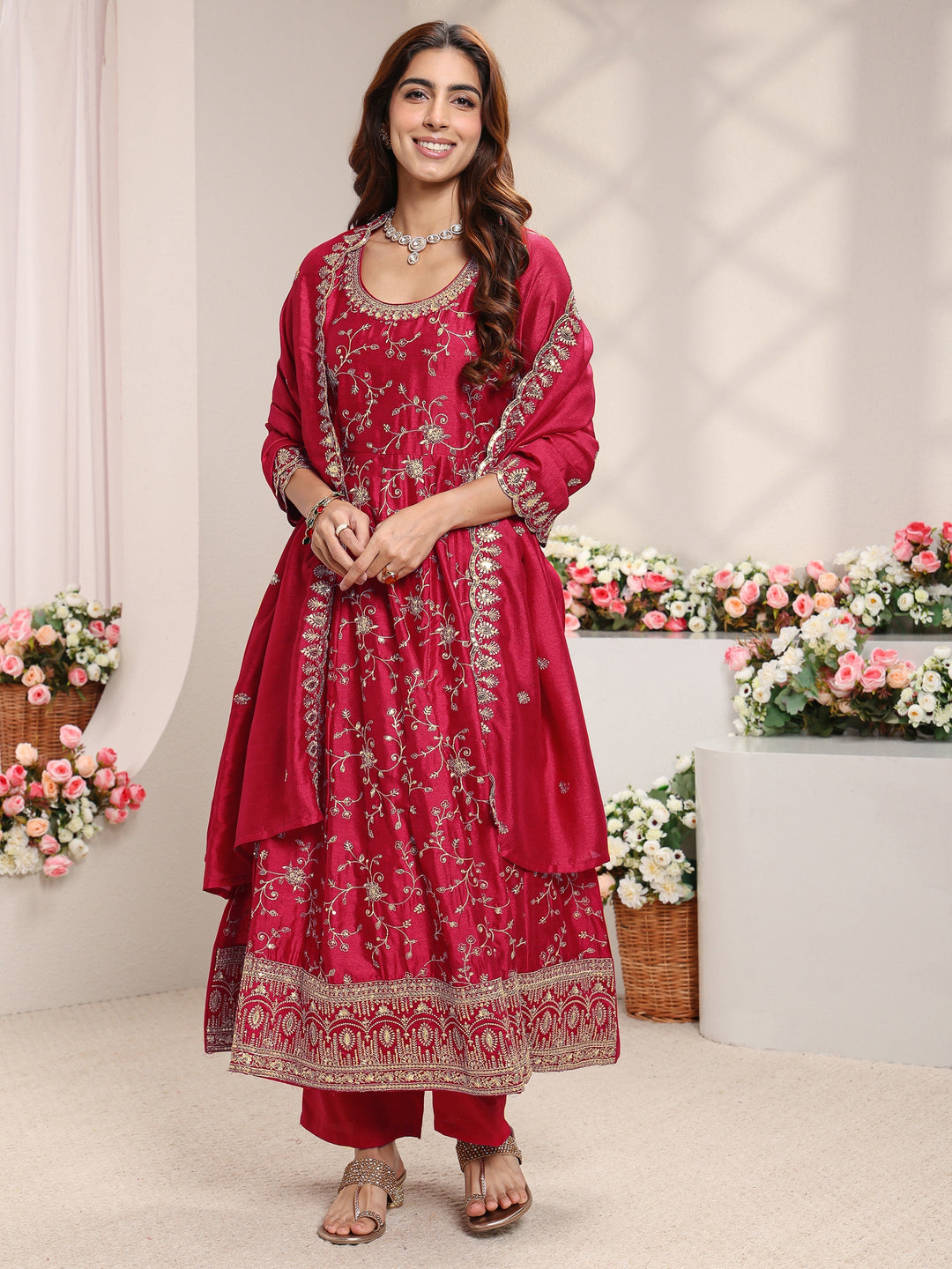  Red Floral Embroidered Silk Blend Anarkali Suit Set With Dupatta 