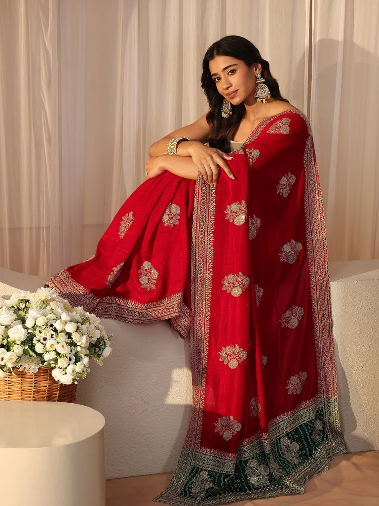 Libas Red Floral Embroidered Silk Blend Saree