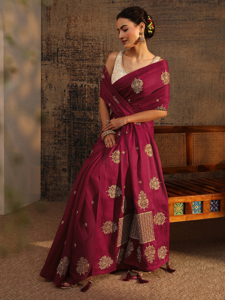 Libas Red Floral Embroidered Silk Blend Saree With Unstitched Blouse Piece