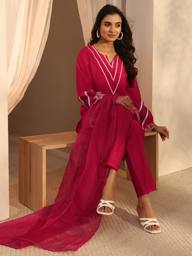 Libas Red Floral Embroidered Silk Blend Straight Suit Set With Dupatta