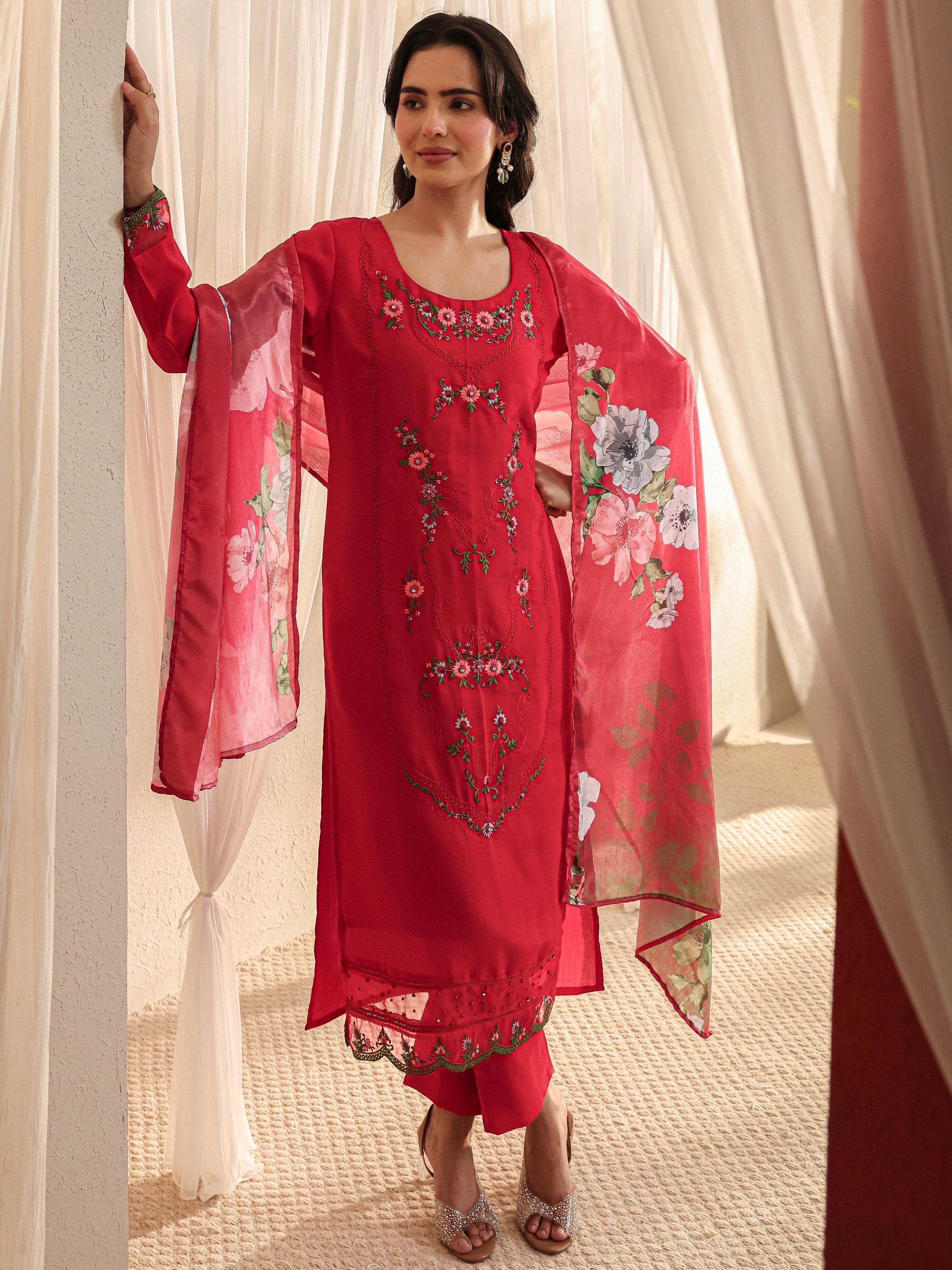 Libas Red Floral Embroidered Silk Blend Straight Suit Set With Dupatta-picture-44