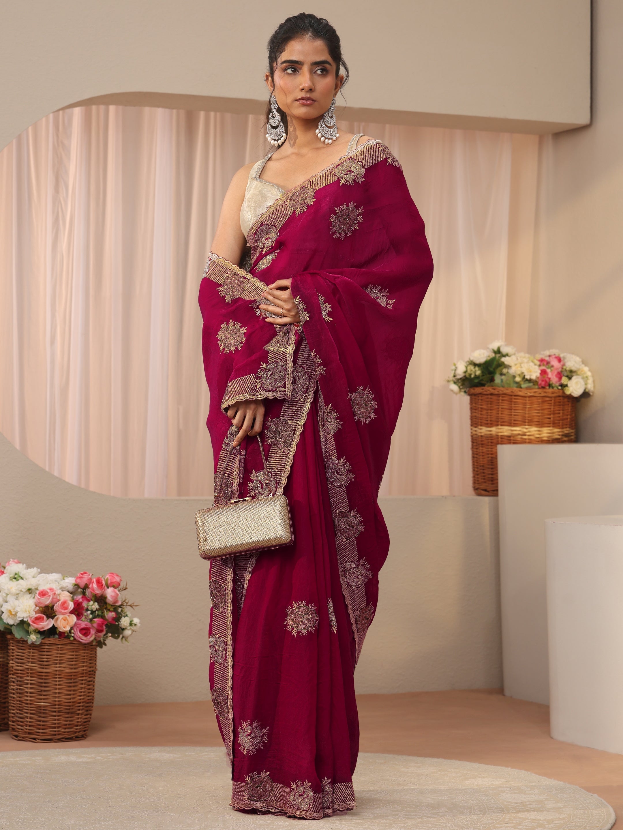 libas Red Floral Embroidered Tissue Saree-picture-43