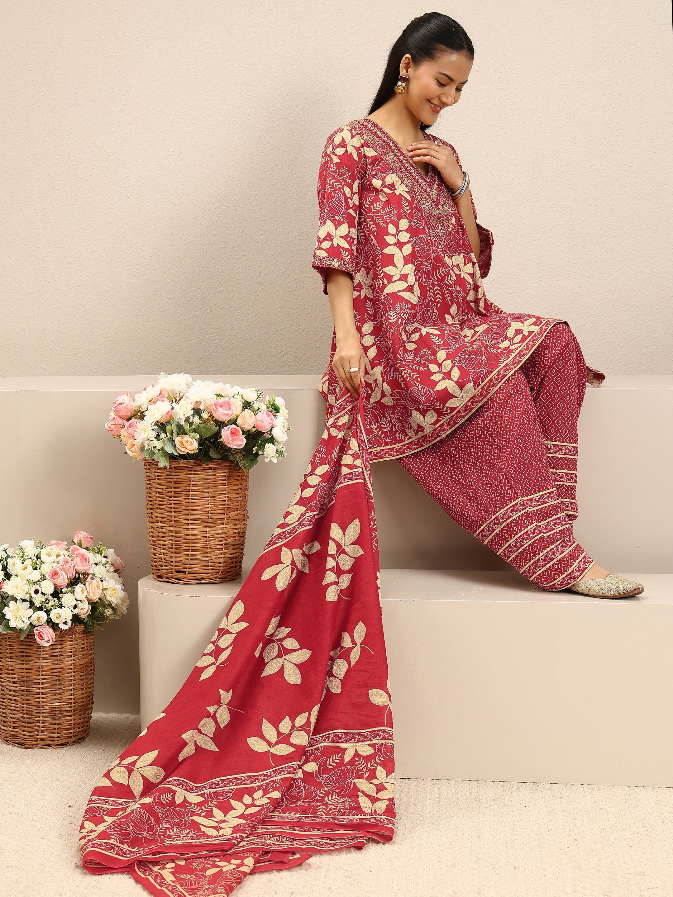 Red Floral Printed Cotton A-Line Suit Set With Dupatta-image-48