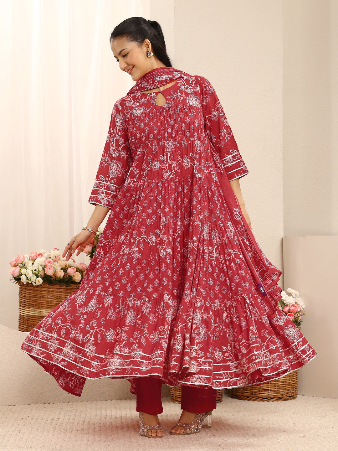  Red Floral Printed Cotton Anarkali Suit Set With Dupatta 