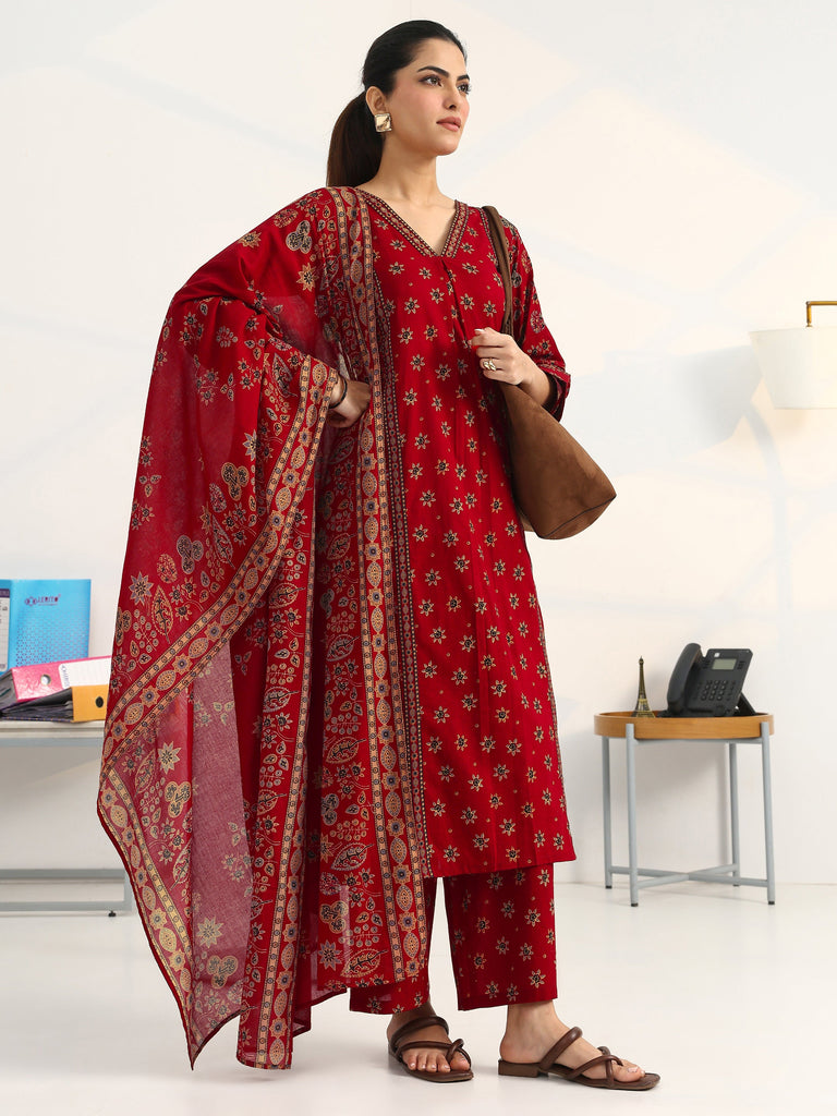 Gerua Red Floral Printed Cotton Blend Straight Suit Set With Dupatta