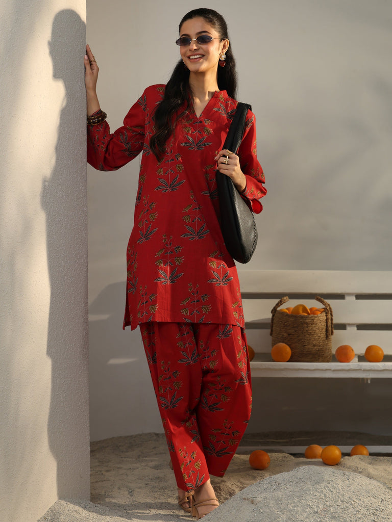 Libas Red Floral Printed Cotton Co-Ord Set