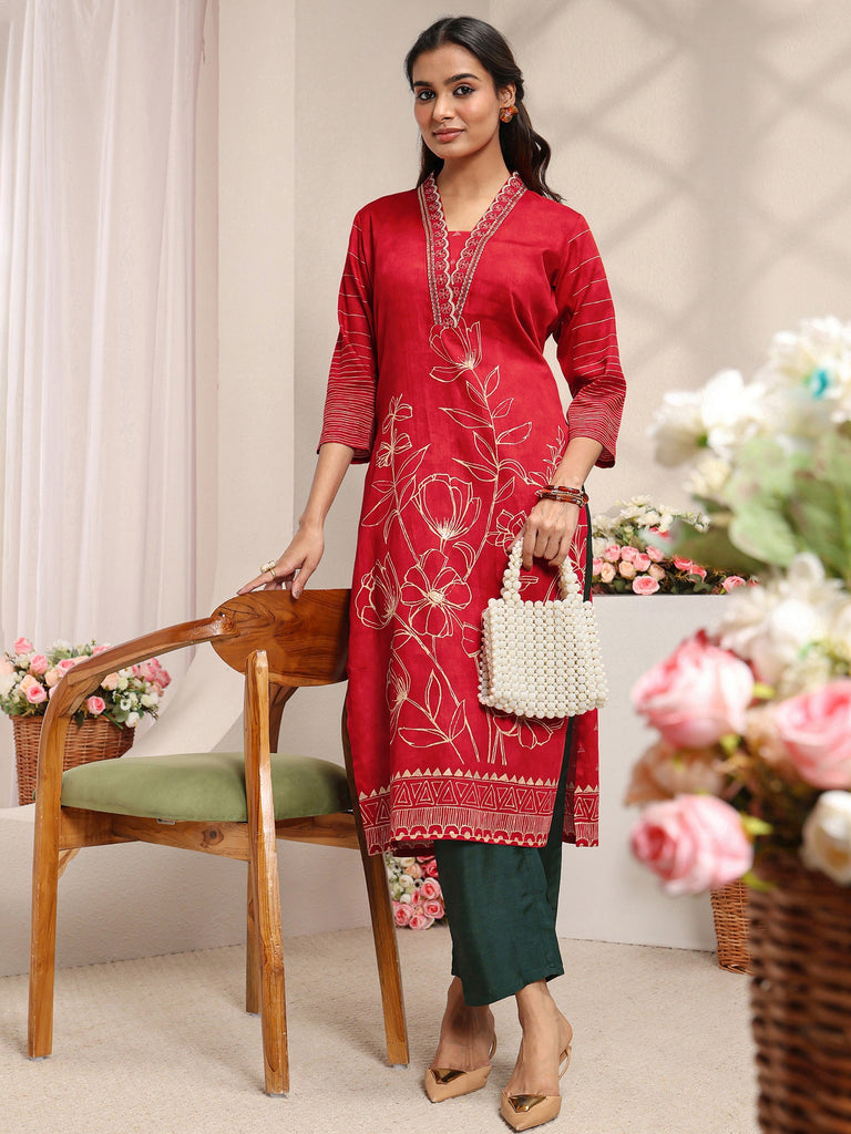 Libas Red Floral Printed Cotton Straight Kurta