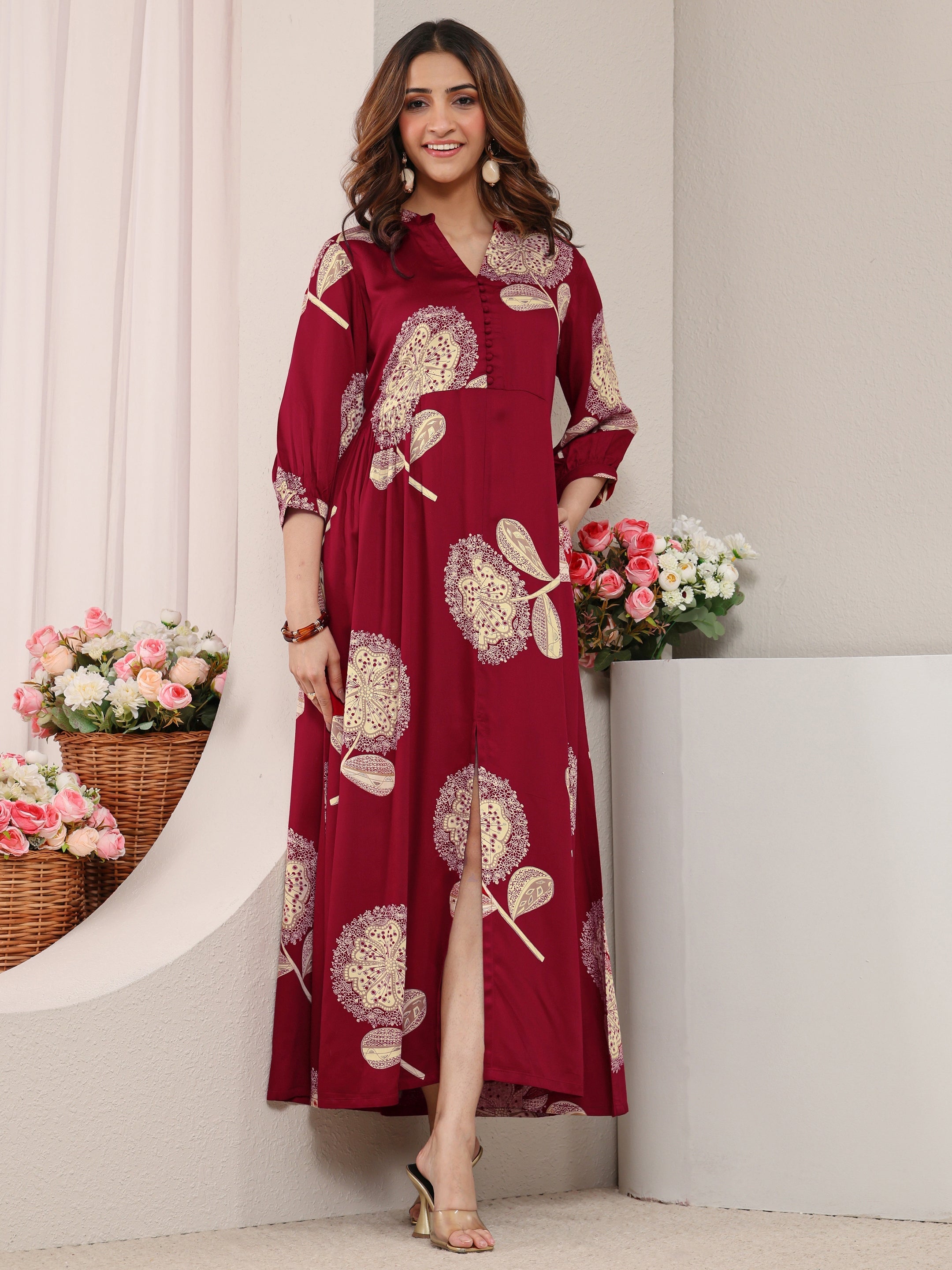 Libas Red Floral Printed Silk Blend A-Line One Piece Dress-picture-16