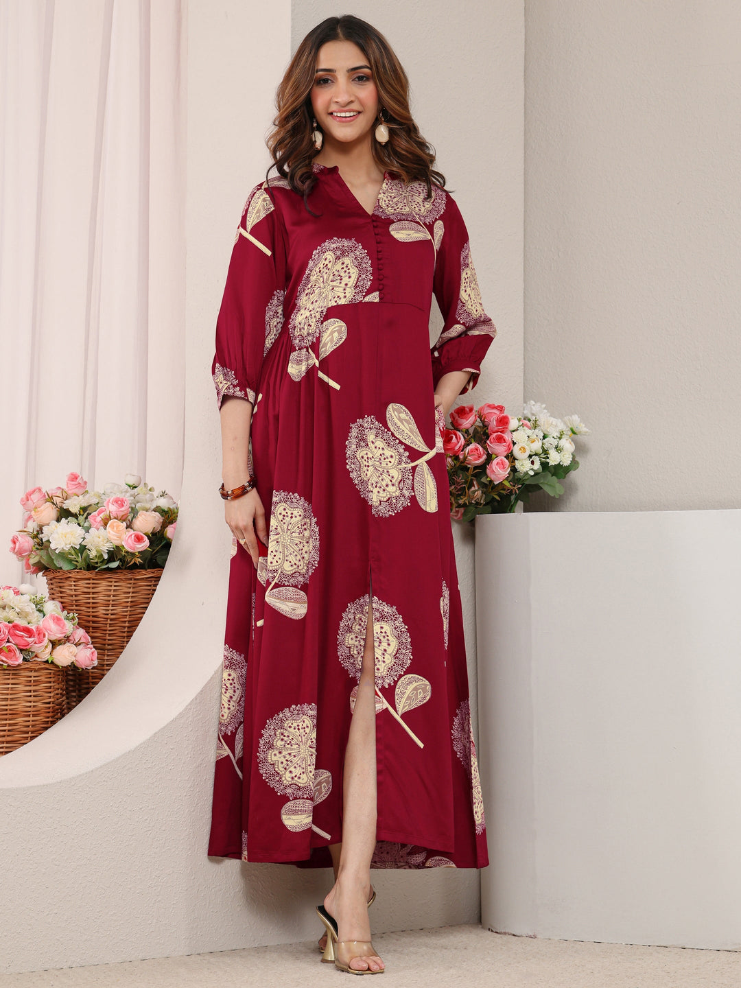  Red Floral Printed Silk Blend A-Line One Piece Dress 