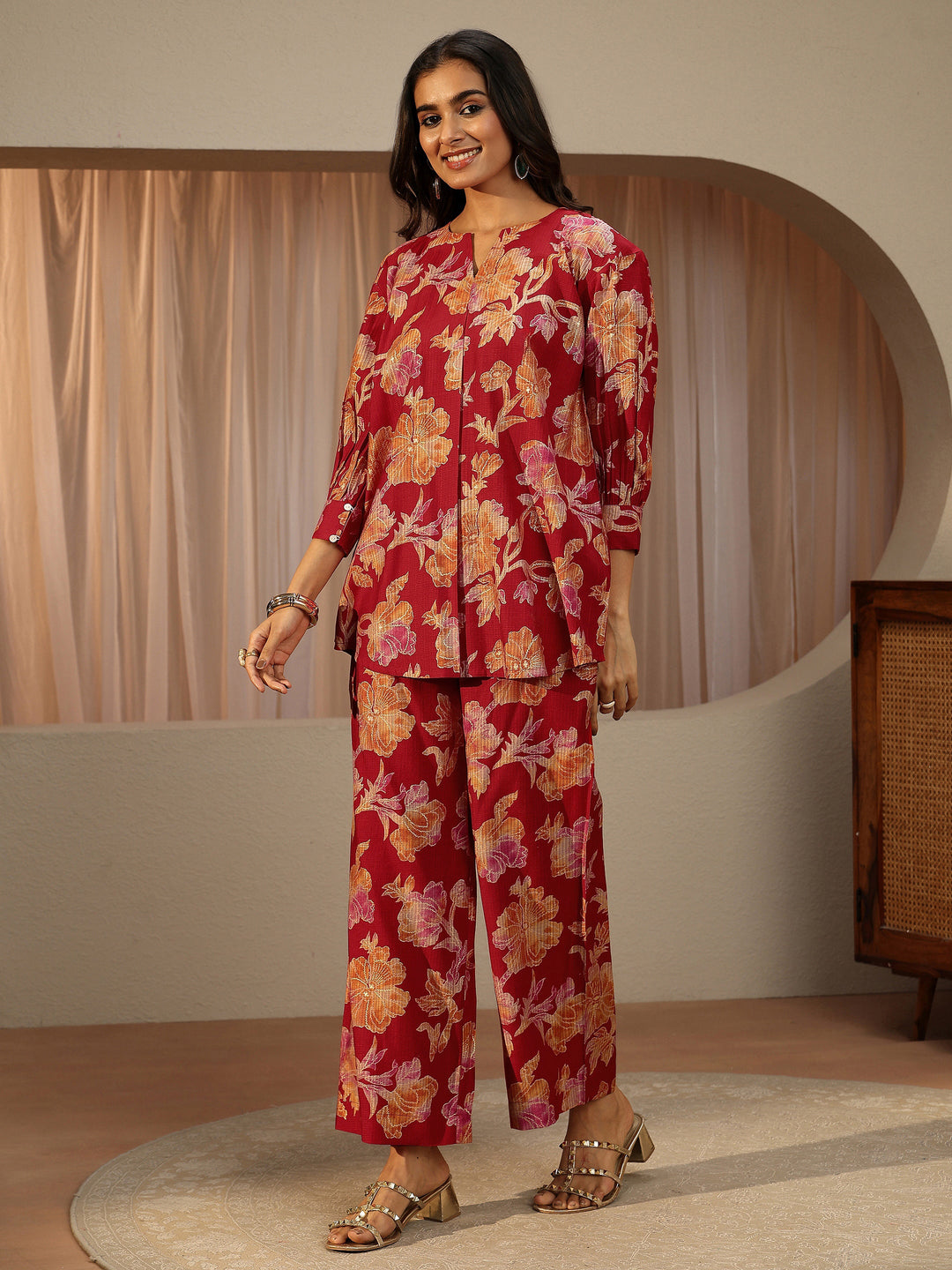 Red Floral Printed Silk Blend Co-Ord Set 