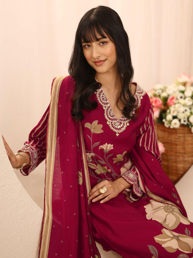 Libas Red Floral Printed Silk Blend Straight Suit Set With Dupatta