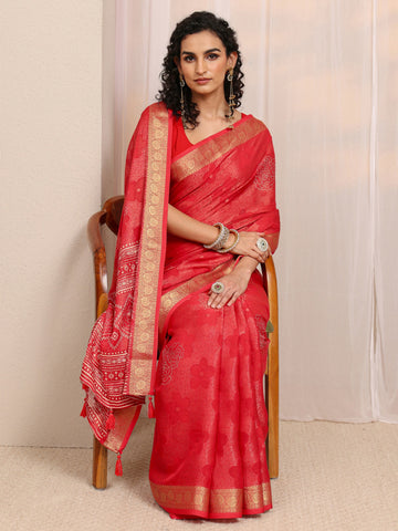 Red Floral Woven Design Silk Blend Saree 
With Unstitched Blouse Piece