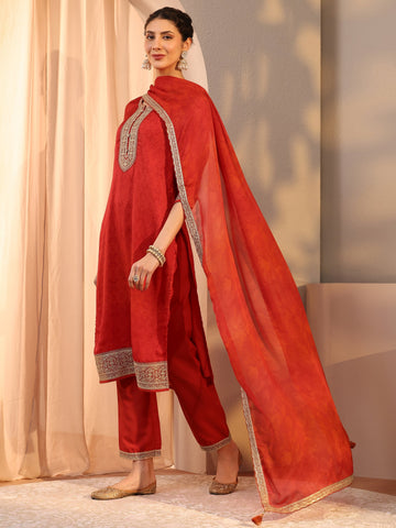 Red Floral Yoke Design Chiffon Straight Suit Set With Dupatta