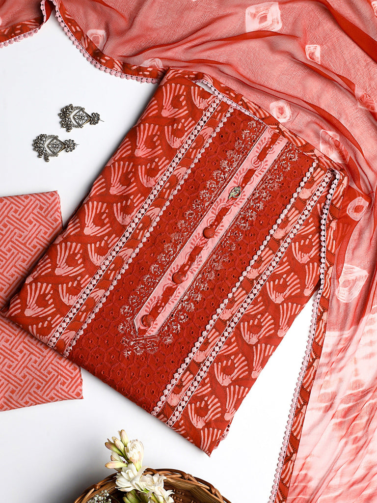 Libas Red Geometric Printed Cotton Dress Material With Dupatta