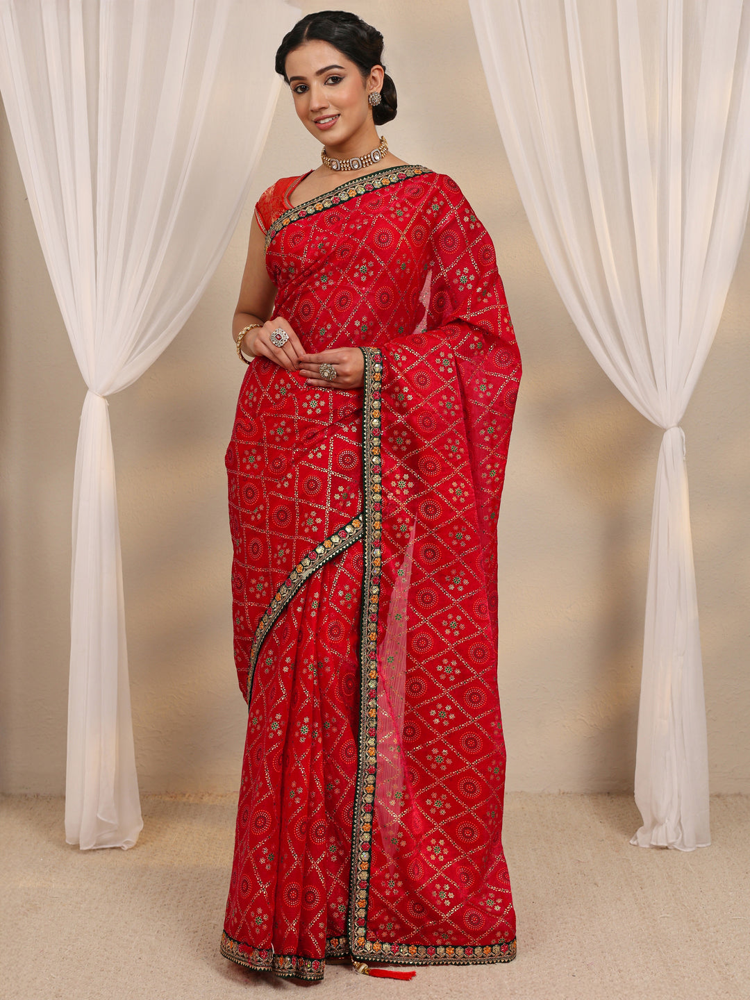  Red Gharchola Silk Blend Saree With Unstitched Blouse Piece 