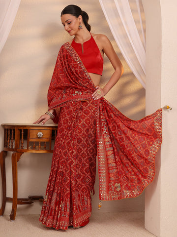 Red Gharchola Silk Blend Saree 
With Unstitched Blouse Piece