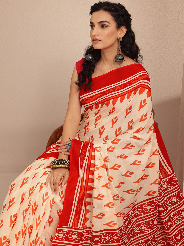 Libas Red Ikat Printed Cotton Saree With Unstitched Blouse Piece