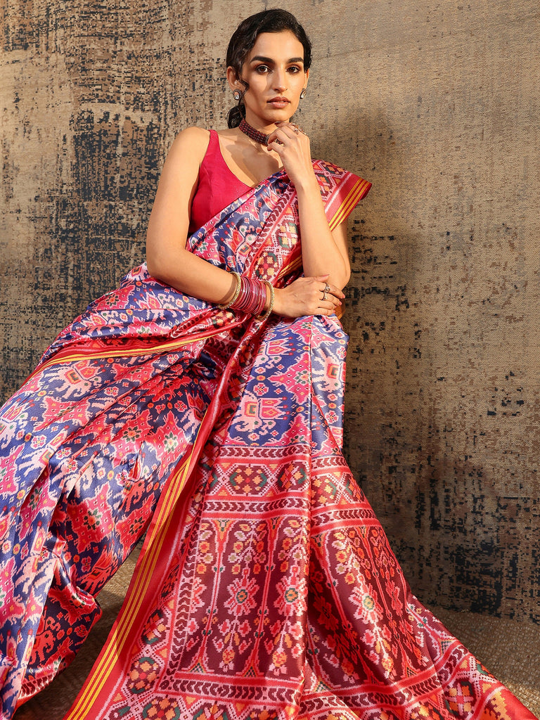 Libas Red Ikat Printed Silk Saree With Unstitched Blouse Piece