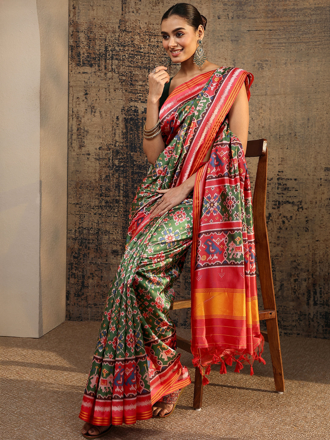 Red Ikat Printed Silk Saree With Unstitched Blouse Piece