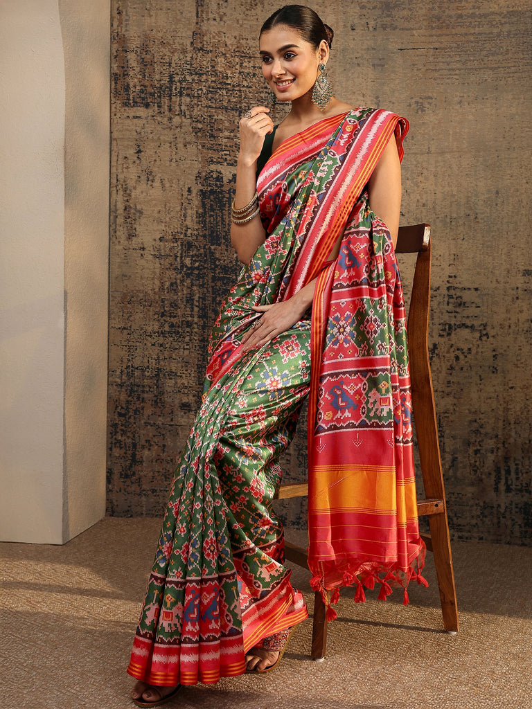Libas Red Ikat Printed Silk Saree With Unstitched Blouse Piece