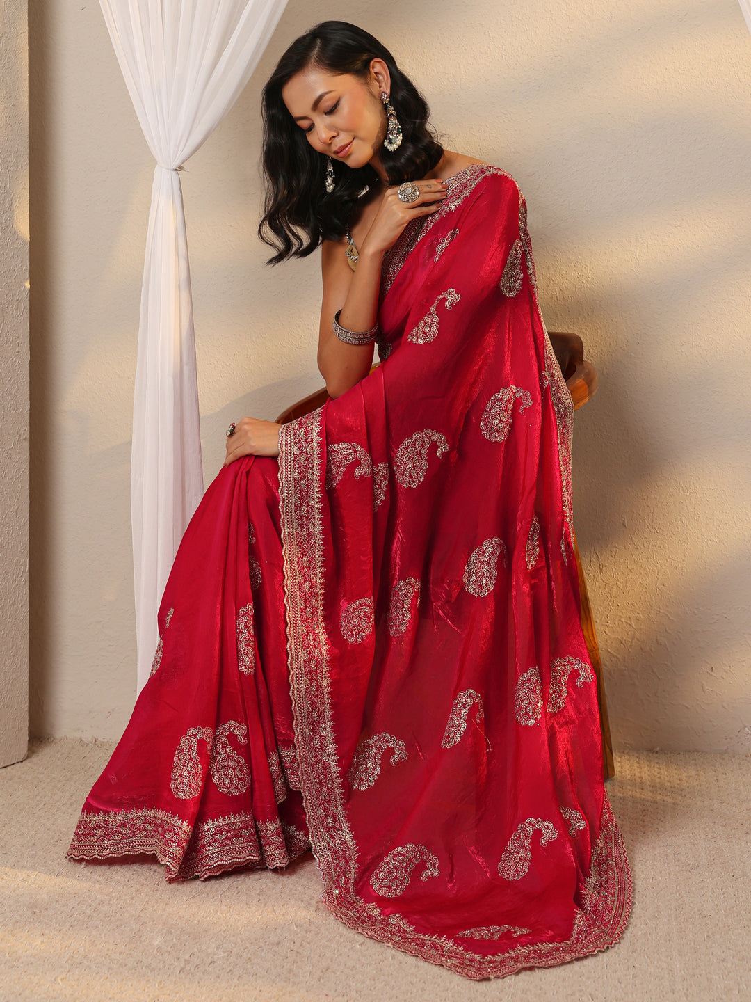 Red Paisley Embellished Tissue Saree With Unstitched Blouse Piece