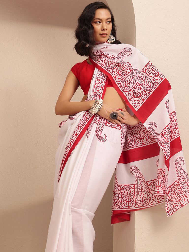 Libas Red Paisley Printed Cotton Saree With Unstitched Blouse Piece