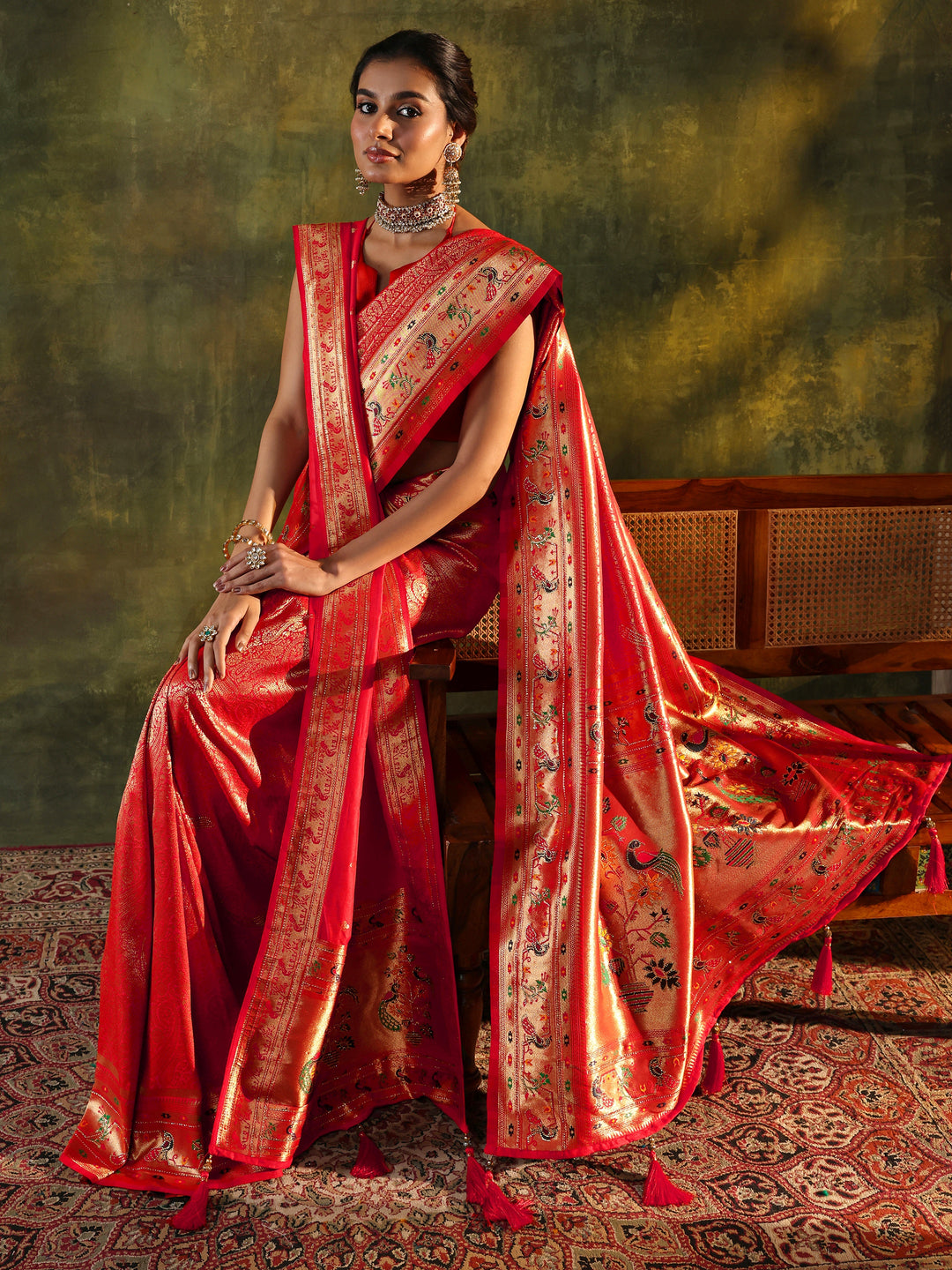 Red Paithani Silk Saree With Unstitched Blouse And Dupatta