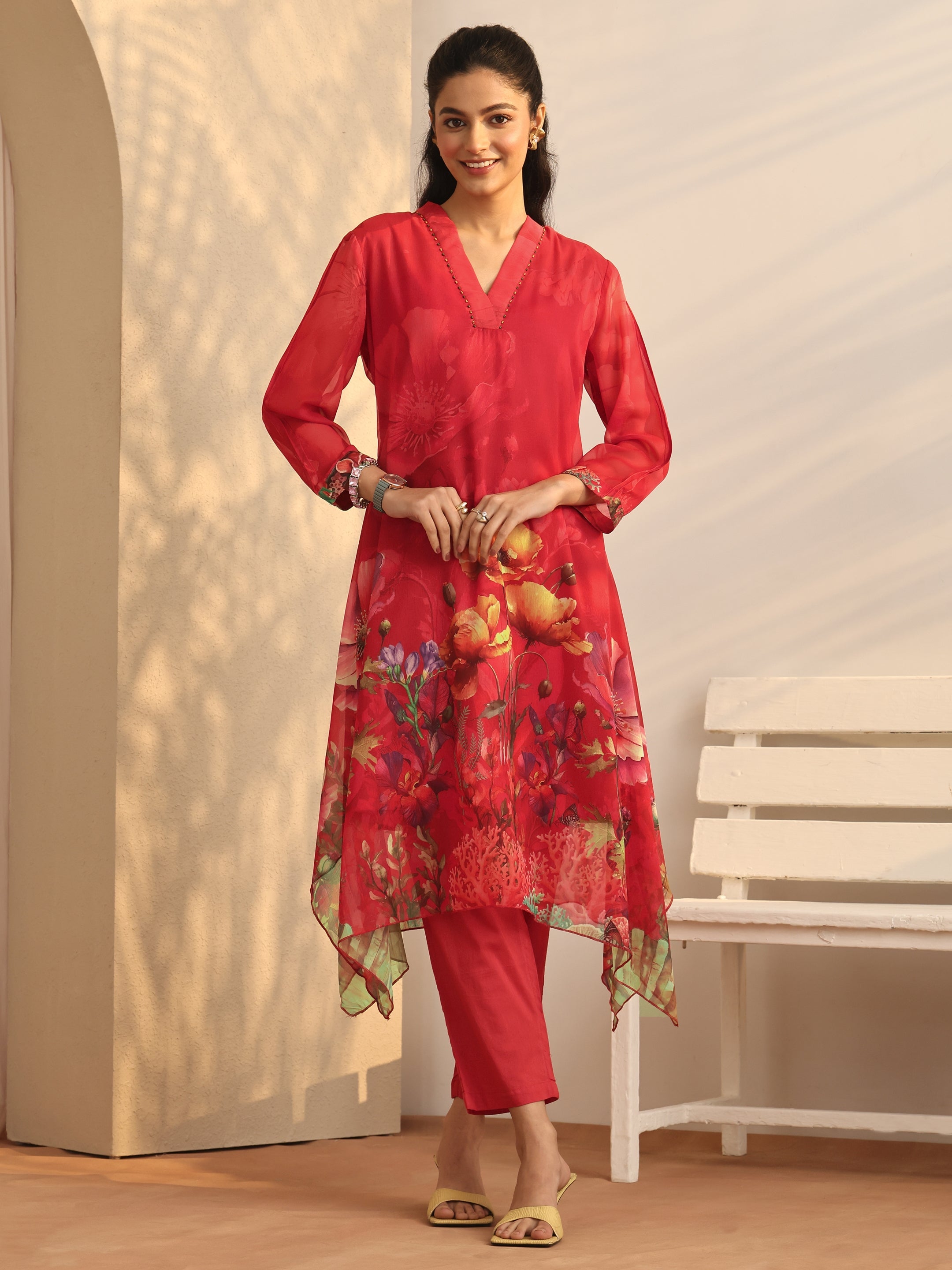 Red Printed Chiffon A-Line Kurta Set-image-40