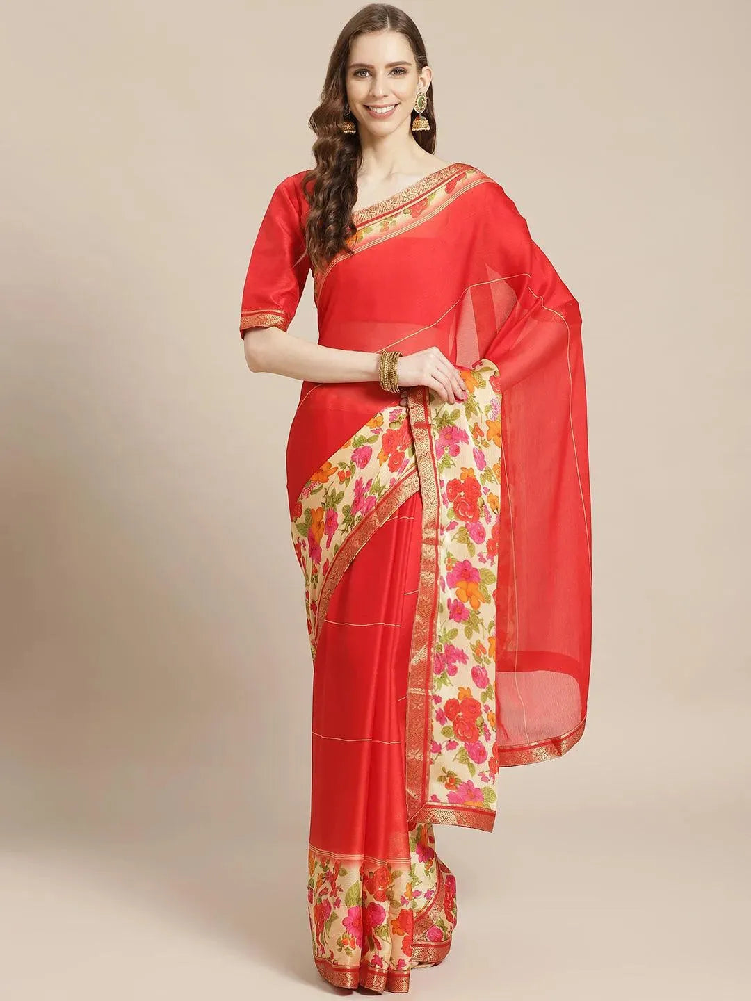 Red Printed Chiffon Saree - Libas