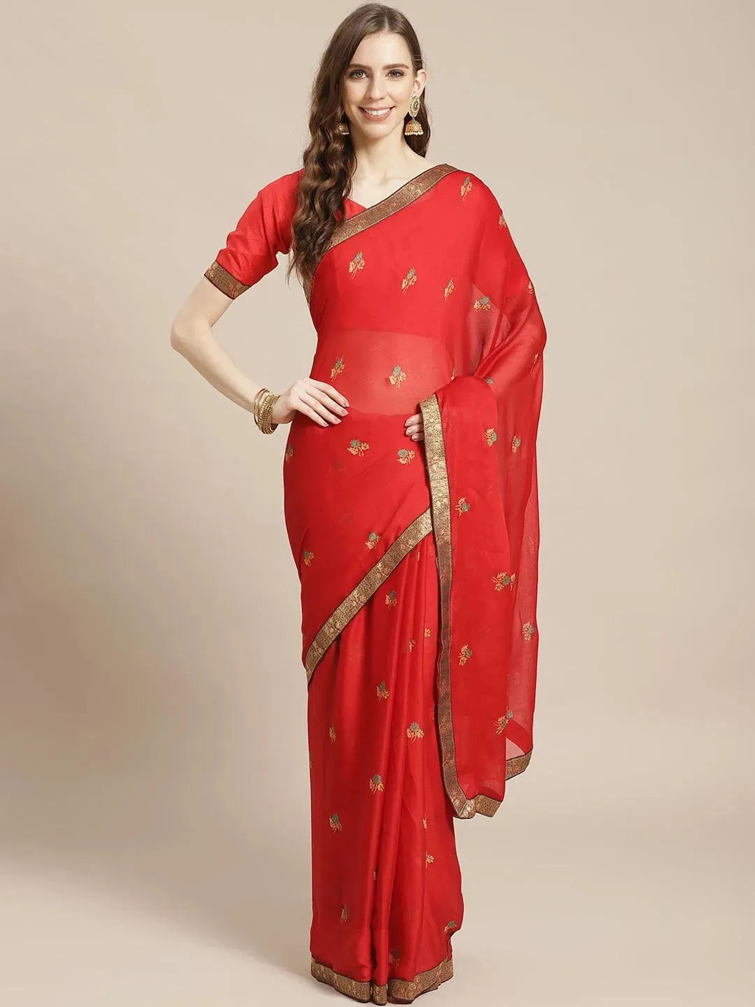 Red Printed Chiffon Saree - Libas 