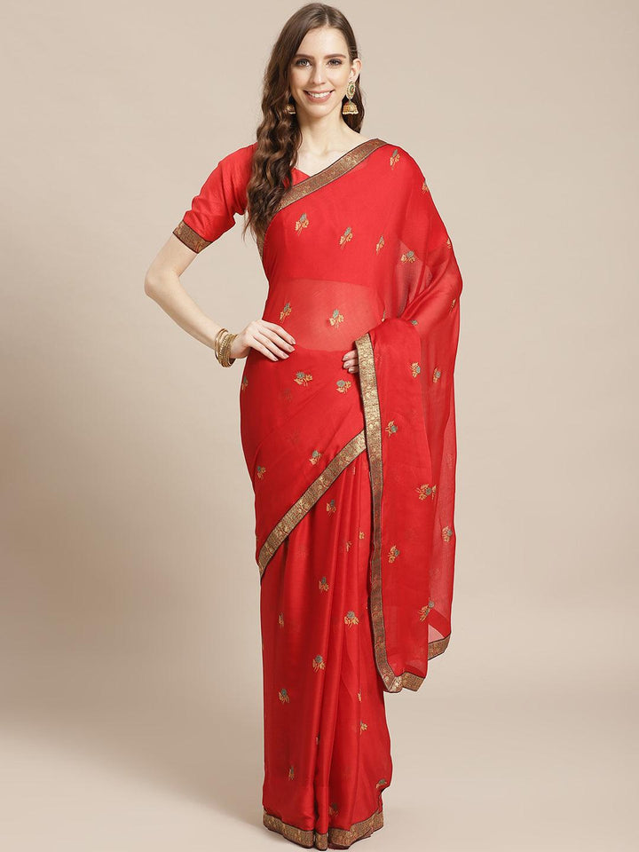 Red Printed Chiffon Saree - Libas