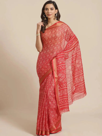 Red Printed Chiffon Saree - Libas