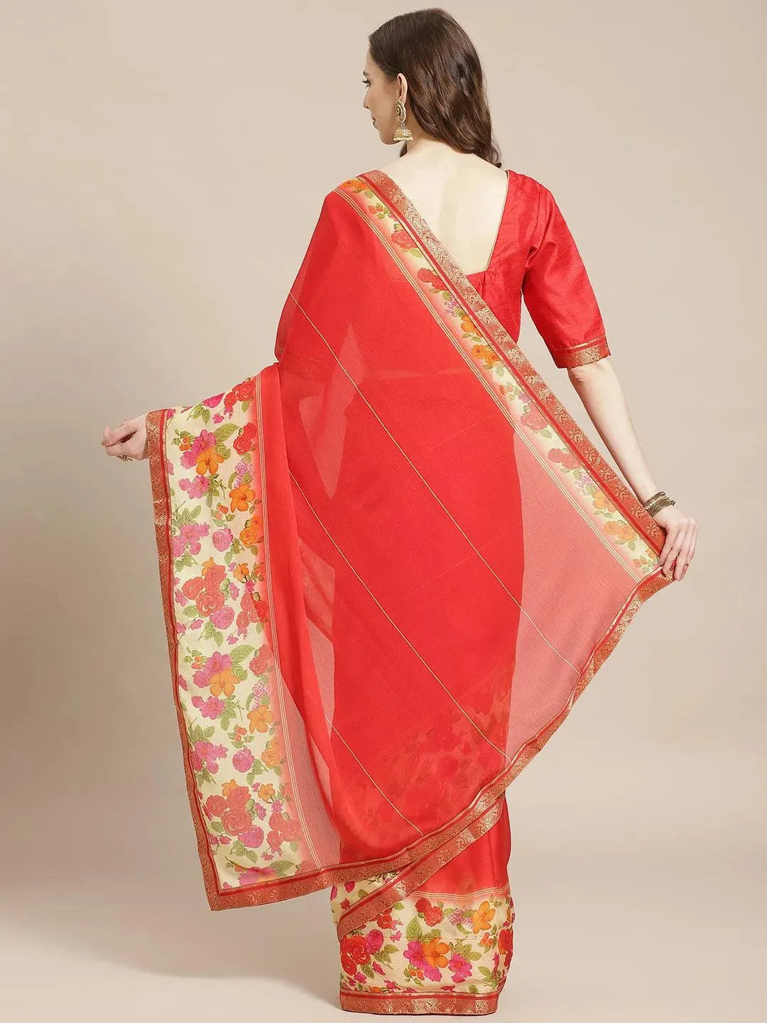 Red Printed Chiffon Saree - Libas